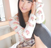 Long-haired Asian teen in stockings exposes her tiny pussy