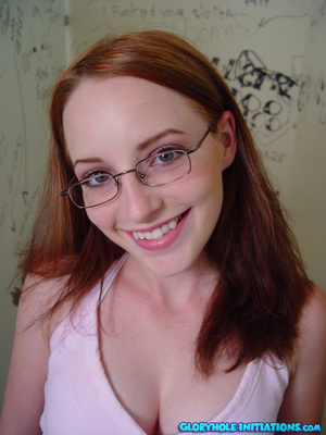 Pretty redhead teen with glasses blowjob - Picture 1