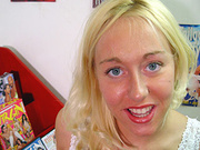 Blonde teen with blue eyes and small tits gets mouth jizzed