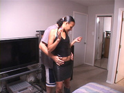 Sexy ebony in black outfit enjoys big cock in mouth and takes it deep in throat