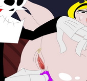 Cartoon Grim Reaper insert a thick pink dildo in Mandy's tigh brown hole