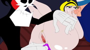 Cartoon Grim Reaper insert a thick pink dildo in Mandy's tigh brown hole while she suckin hard dick.