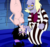 Horny cartoon guy Beetlejuice asked hanged beauty Lydia suck his hard