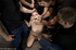 Chick in cuffs banged hard by group of horny guys