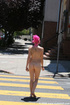 Blonde, pink hair and dark hair babes showing their nude booty in public