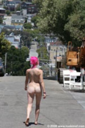 Pink hair lady taking an outdoor stroll in just her boobs and pussy - Picture 7
