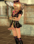 Blond 3D shemale in leather dress with huge cock