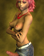Topless redhead 3D shemale in miniskirt and high heels wanking and ejaculating
