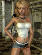 Blond 3D shemale babe wearing top, miniskirt and high heels having orgasm