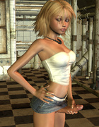 Blond 3D shemale babe wearing top, miniskirt and high heels having orgasm