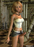 Blond 3D shemale babe wearing top, miniskirt and high heels having orgasm