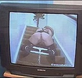 Blonde slut in white stockings fingering her ass