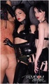Two sweet chicks in sexy leather whip and spank a man tied to the wall