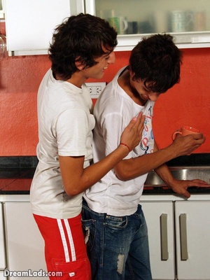 Two cute homo guys erotic playing and sucking their stiffed cock shafts in kitchen - Picture 2