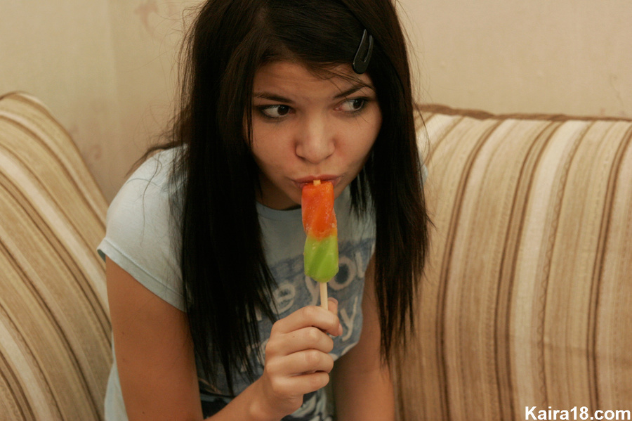 Lusty hot dirty little girl strip teases and plays with icecream bud - XXXonXXX - Pic 3