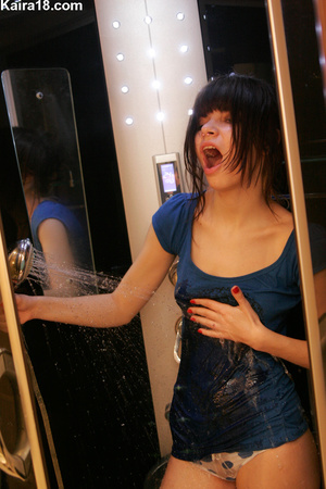 Blue top wearing slutty erotic teen babe uncovered yummy boobs and taking shower - XXXonXXX - Pic 3