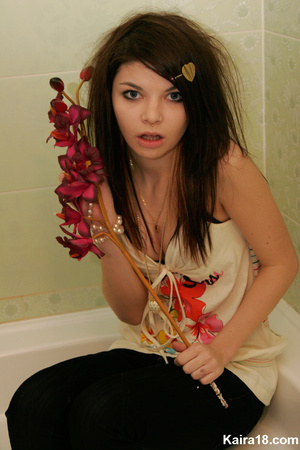 Flower loving sweet young blode girl taking different nice teasy shot with flower - XXXonXXX - Pic 6