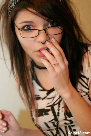 Cute nice sweet teen girl in glasses with soft teasy mobile invitation - Picture 5