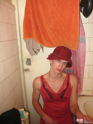 Young crossdresser in red negligee and b - XXX Dessert - Picture 6
