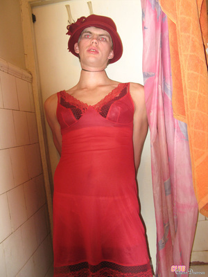 Young crossdresser in red negligee and b - XXX Dessert - Picture 10