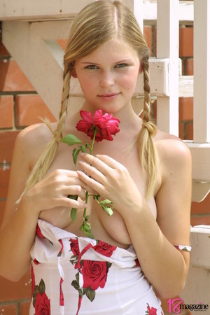 A gorgeous blond with red rose undressed topless in her red roses printed dress - Picture 5