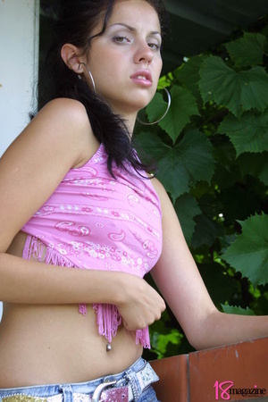 Innocent seductress in denim miniskirt starts showing her luscious tits covered in pink stringed shirt - XXXonXXX - Pic 8