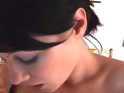 Pretty bitch seductively removing her clothes until only her black thong covering her pussy is left