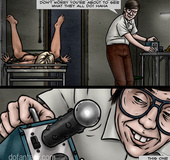 Geek in glasses jeering gag-balled blonde roped to the stretcher