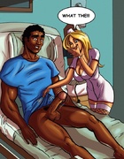 Blonde nurse in fishnet stockings rides thick black boner