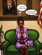 Busty black beauty swallows white dick and gives a titjob
