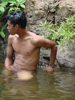 A lewd latino twink takes a dip in the shallow waters of the brook and there jerks himself off in the water until he cums - XXXonXXX - Pic 4