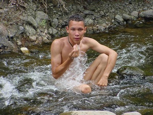 A bronzed lusty latino plays naked in the waters of a brook showing how to manipulate his nice thick cock - XXXonXXX - Pic 6