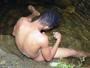 Frolicking in the water is a nude dark skinned horny latino enjoying whacking of his extra large cock and spewing jizz on himself - XXXonXXX - Pic 12