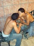Three robust and hot latino twinks form a daisy chain where one while