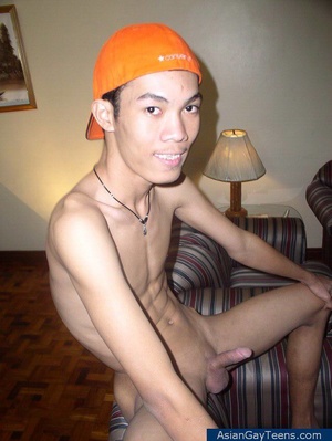 Slim nude Asian guy in face cap shows his butt, slim frame and jerk cock to cum - Picture 6