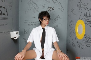 Young Asian in glasses and tie sucks cock via hole in wall until it sprays cum - XXXonXXX - Pic 1