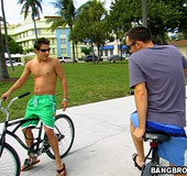 Two cute young guys work up a sweat riding bikes and come home to butt