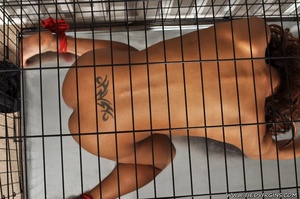 Naked exotic black virgin teases while being locked up and caged in a small wire cage - Picture 8