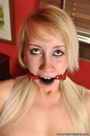 Lusty blonde bimbo gets to be bound on a chair, ball gagged and enjoying the arousing feeling - XXXonXXX - Pic 2