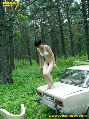 Half naked teen walks on a ladder proped on two cars squats and relieves herself right there with out regard as to who is watching - Picture 19