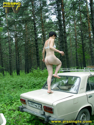 Daring brunette teen balances on a ladder proped on two cars, squats and relieves herself right there with out caring as to who is watching her - XXXonXXX - Pic 1