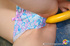 Pervert teeny pulls aside her panties to pound her tiny cunt with a banana