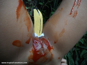 Cool tribe girl roped upside down to the tree with her body oiled with ketchup - XXXonXXX - Pic 7