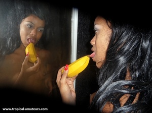 Breath-taking swarthy freshie licking wooden banana in front of the mirror - Picture 5
