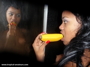 Breath-taking swarthy freshie licking wooden banana in front of the mirror - Picture 6