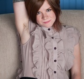 Hot lady with red hair on her head, pussy and in pits strips off to show