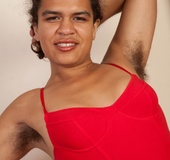 Hot lady in red slowly strips off erotically to reveal her sexy wet hairy