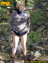 Cute short hair blonde bends down to take a piss out in the woods in early