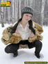 Cute white teen in fur coat, shirt and pantyhose takes an piss in the