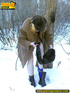 Blonde teen wearing only a coat in winter opens it to stand pissing on